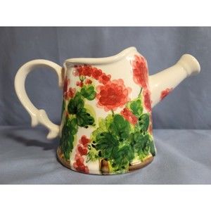 Red Geraniums Watering Can Painted & Signed by Judy Buswell Floral Decor Ceramic